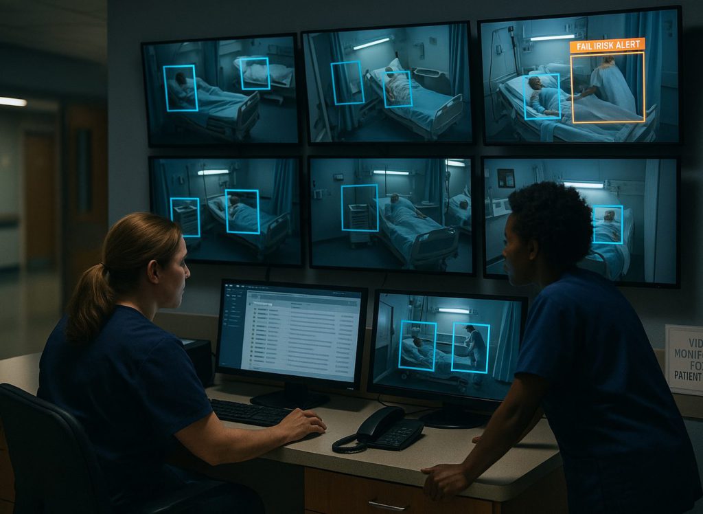Two nurses at a night-shift station monitor multiple screens running AI-powered video surveillance.