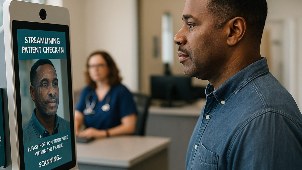 A patient uses a self-service facial-recognition kiosk to check in at a clinic.